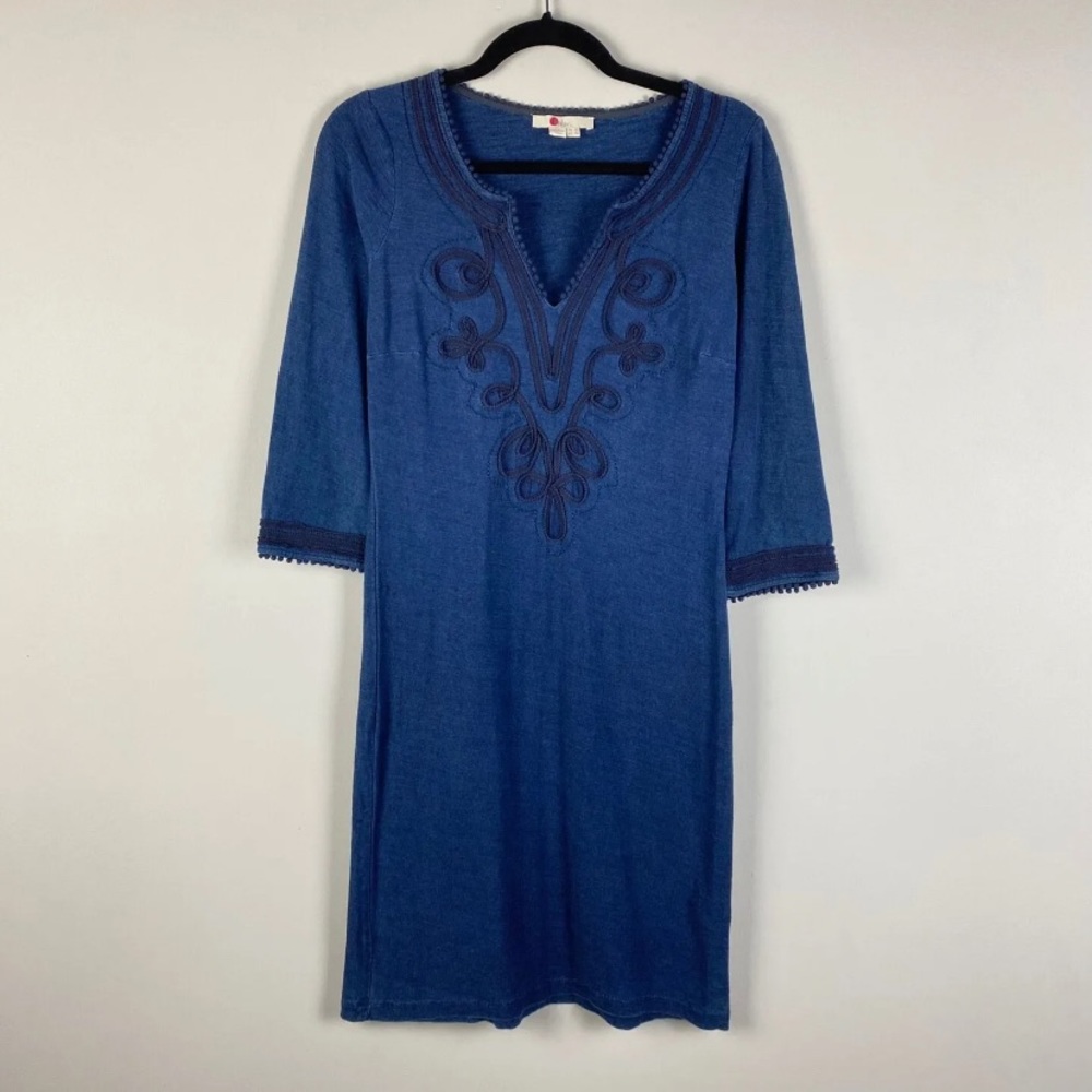 Boden Reanne Indigo Jersey Dress blue with black soutache detailing  Sz 4 EUC